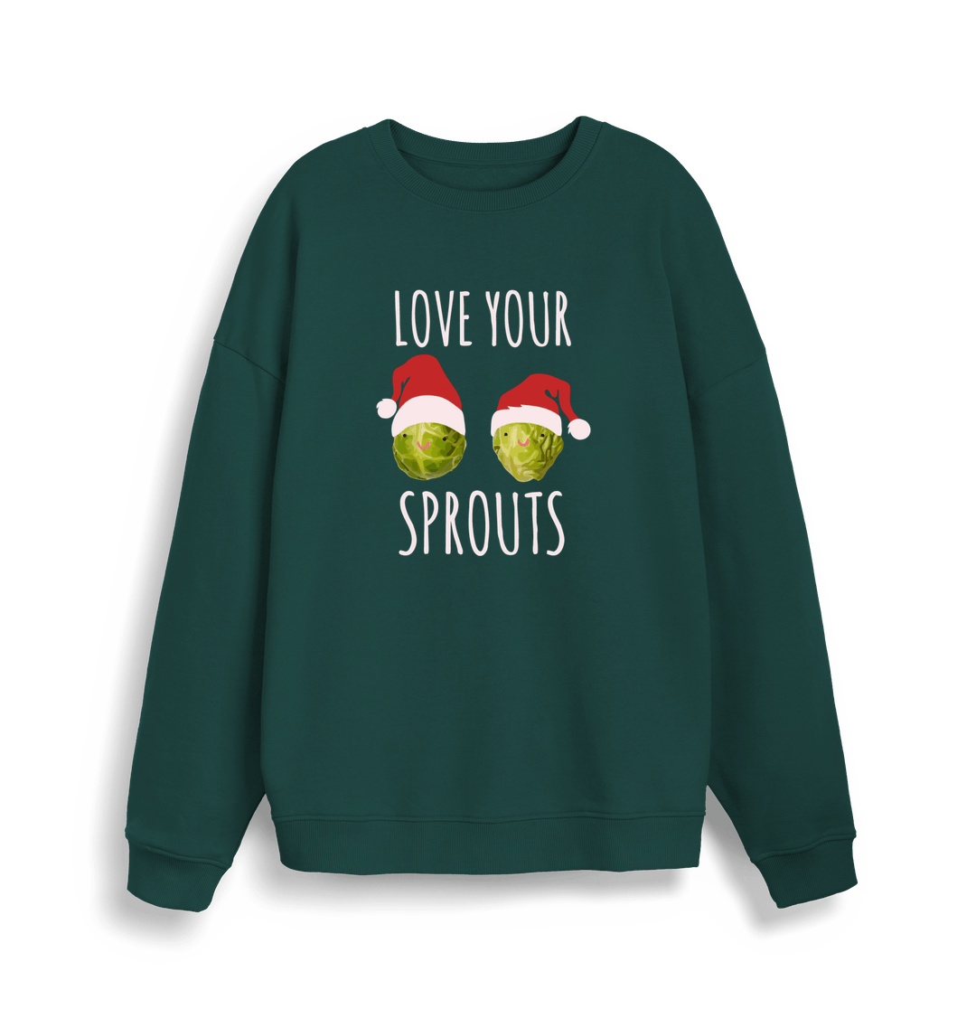 green christmas sweater with the graphic of two sprouts wearing santa hats and the slogan 'love your sprouts'