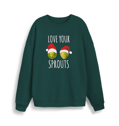 green christmas sweater with the graphic of two sprouts wearing santa hats and the slogan 'love your sprouts'