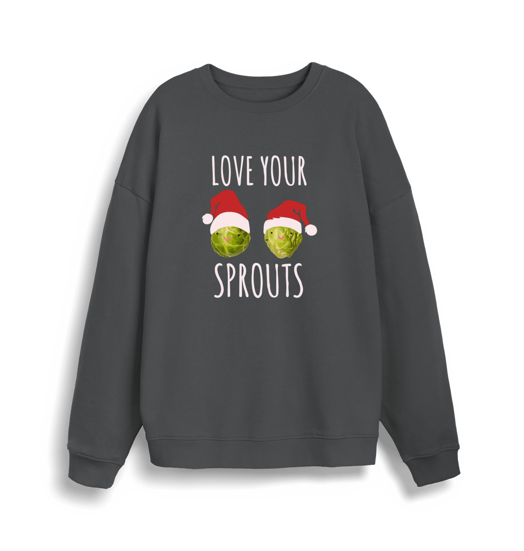 grey christmas sweater with the graphic of two sprouts wearing santa hats and the slogan 'love your sprouts'