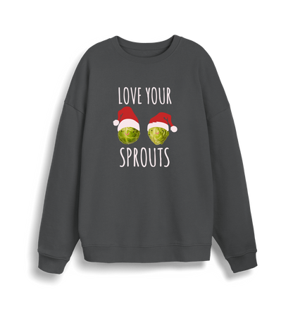 grey christmas sweater with the graphic of two sprouts wearing santa hats and the slogan 'love your sprouts'