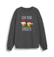 grey christmas sweater with the graphic of two sprouts wearing santa hats and the slogan 'love your sprouts'