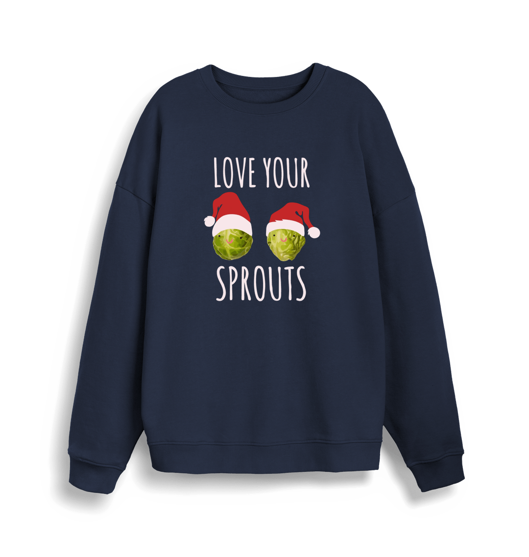 navy christmas sweater with the graphic of two sprouts wearing santa hats and the slogan 'love your sprouts'
