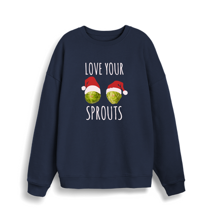 navy christmas sweater with the graphic of two sprouts wearing santa hats and the slogan 'love your sprouts'