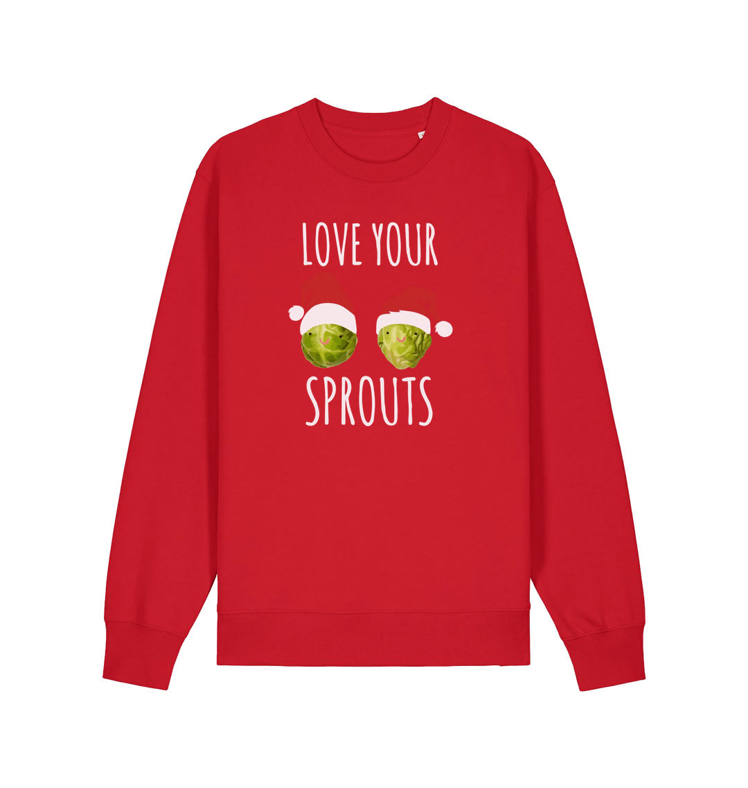 red christmas sweater with the graphic of two sprouts wearing santa hats and the slogan 'love your sprouts'