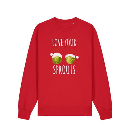 red christmas sweater with the graphic of two sprouts wearing santa hats and the slogan 'love your sprouts'