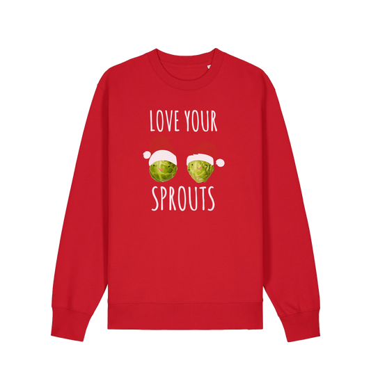 red christmas sweater with the graphic of two sprouts wearing santa hats and the slogan 'love your sprouts'