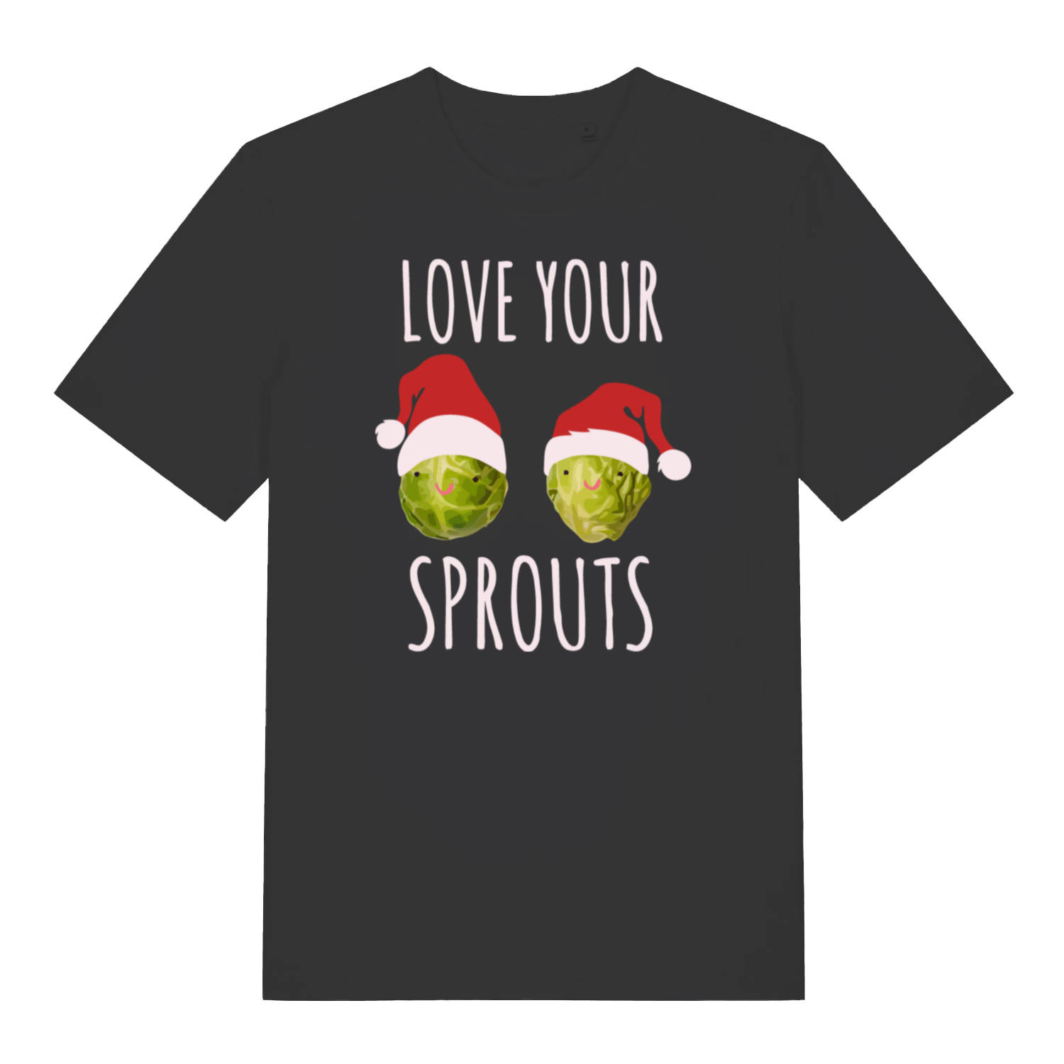 Black Love Your Sprouts funny Christmas t-shirt with smiling Brussels sprouts in Santa hats  