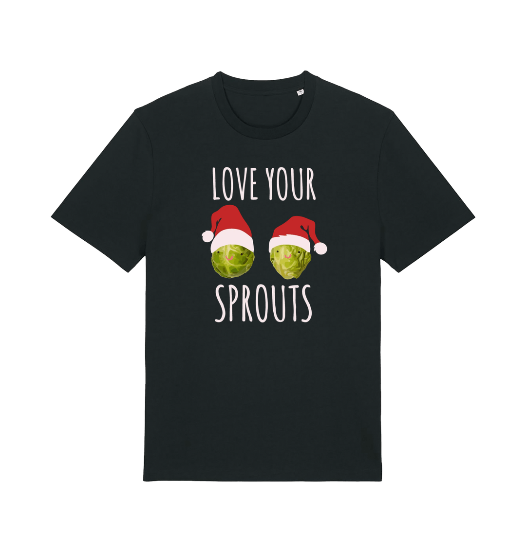 black christmas t-shirt with the graphic of two sprouts awearing santa hats and the slogan 'love your sprouts'
