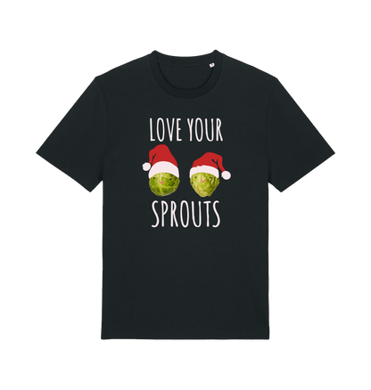 black christmas t-shirt with the graphic of two sprouts awearing santa hats and the slogan 'love your sprouts'