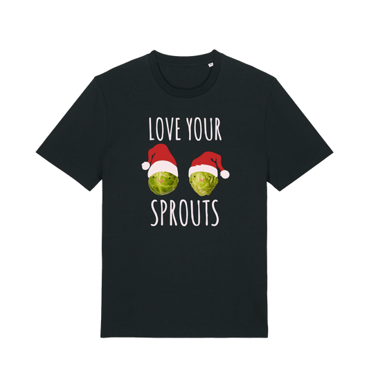black christmas t-shirt with the graphic of two sprouts awearing santa hats and the slogan 'love your sprouts'