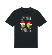 black christmas t-shirt with the graphic of two sprouts awearing santa hats and the slogan 'love your sprouts'
