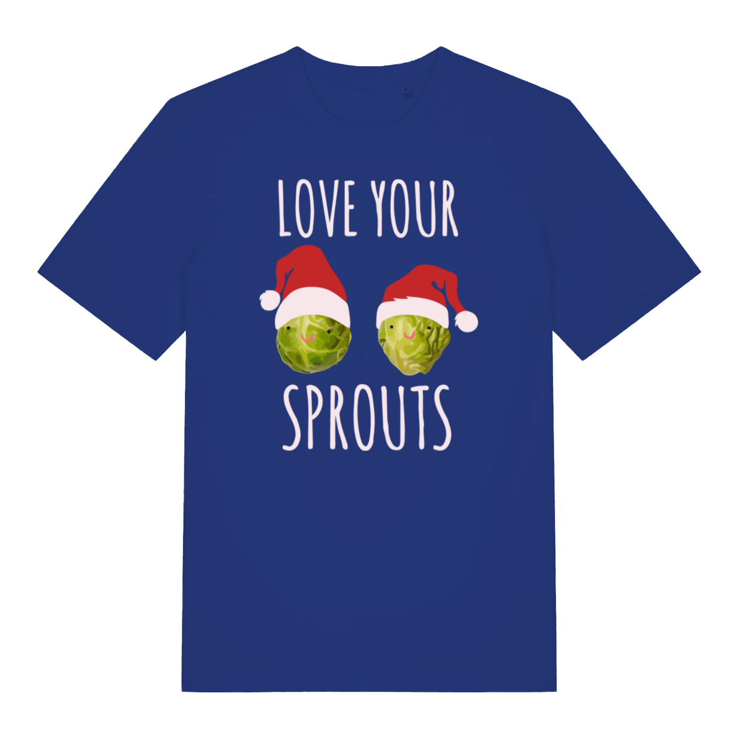 Blue Love Your Sprouts funny Christmas t-shirt featuring cheeky festive sprouts graphic  