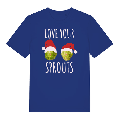 Blue Love Your Sprouts funny Christmas t-shirt featuring cheeky festive sprouts graphic  