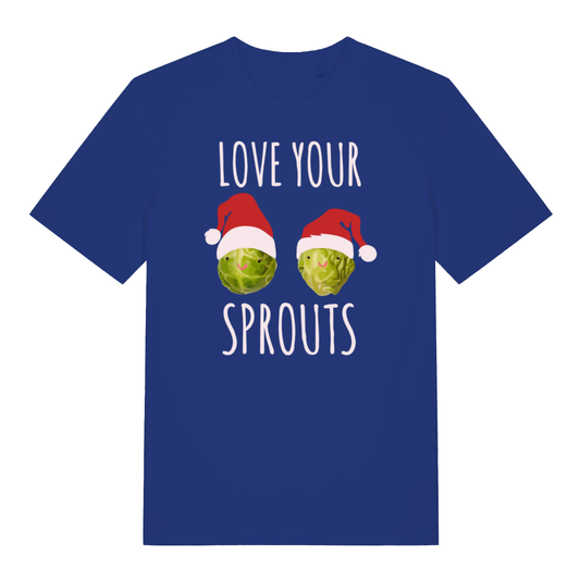 Blue Love Your Sprouts funny Christmas t-shirt featuring cheeky festive sprouts graphic  