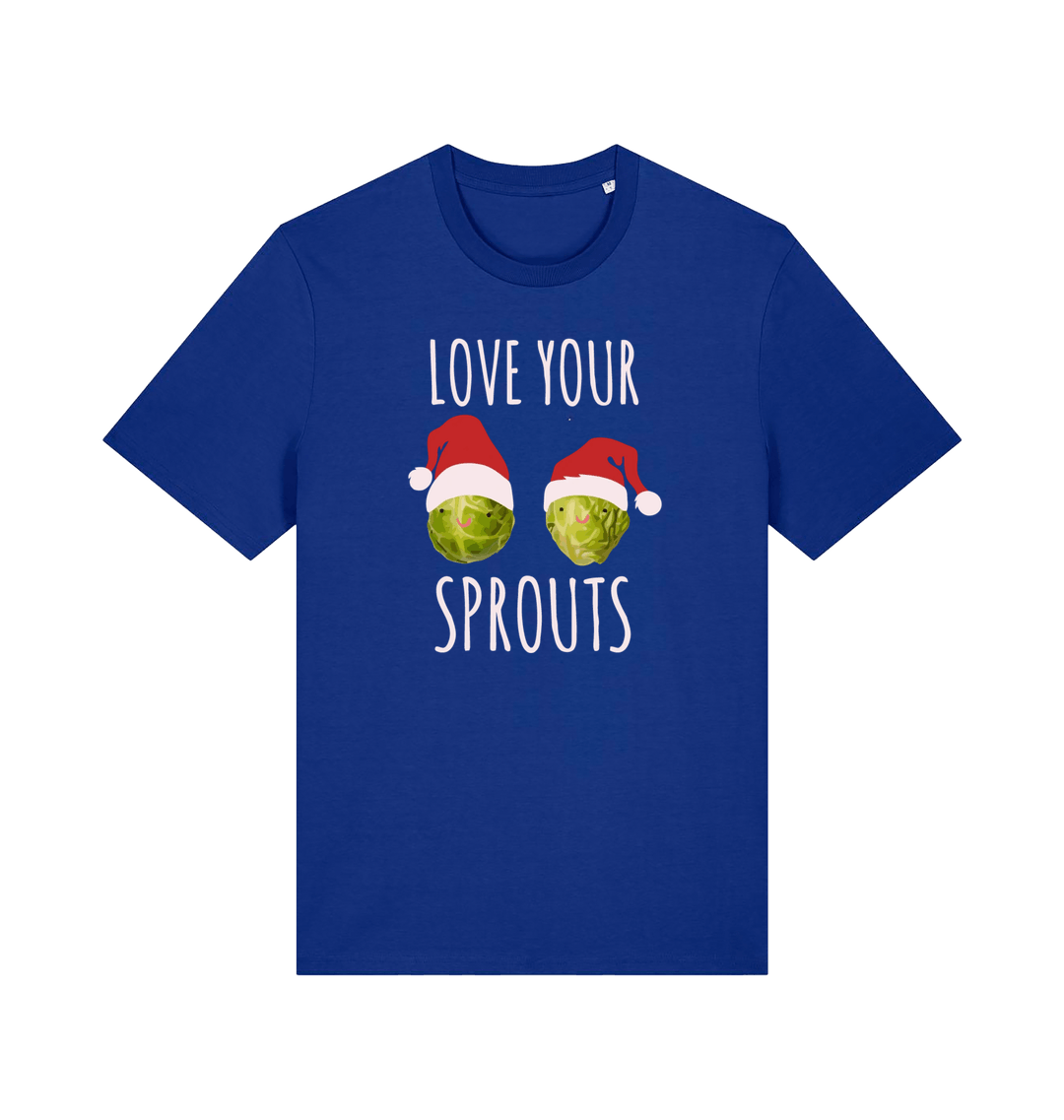 blue christmas t-shirt with the graphic of two sprouts awearing santa hats and the slogan 'love your sprouts'