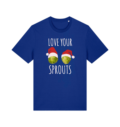 blue christmas t-shirt with the graphic of two sprouts awearing santa hats and the slogan 'love your sprouts'