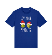 blue christmas t-shirt with the graphic of two sprouts awearing santa hats and the slogan 'love your sprouts'