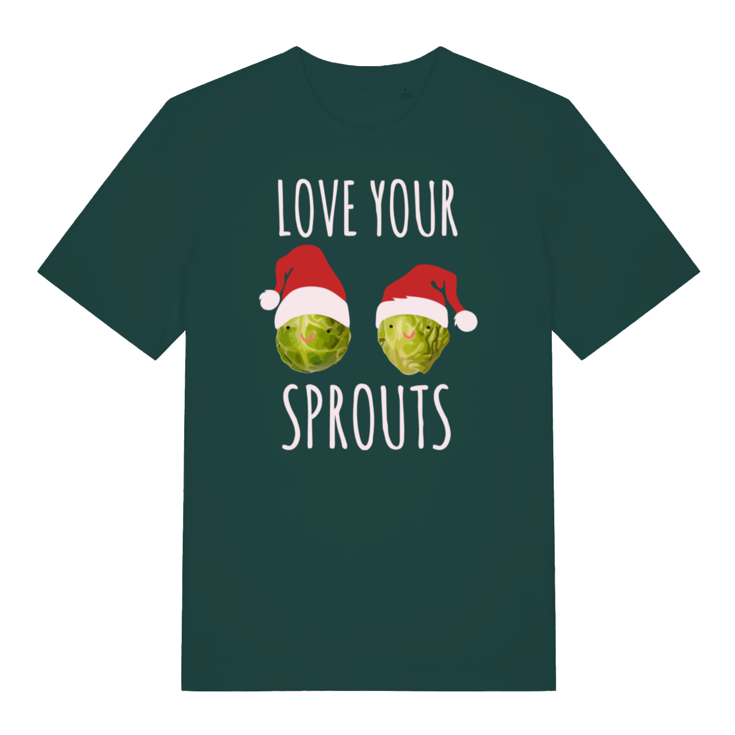 Green Love Your Sprouts funny Christmas t-shirt with classic Xmas sprouts print  