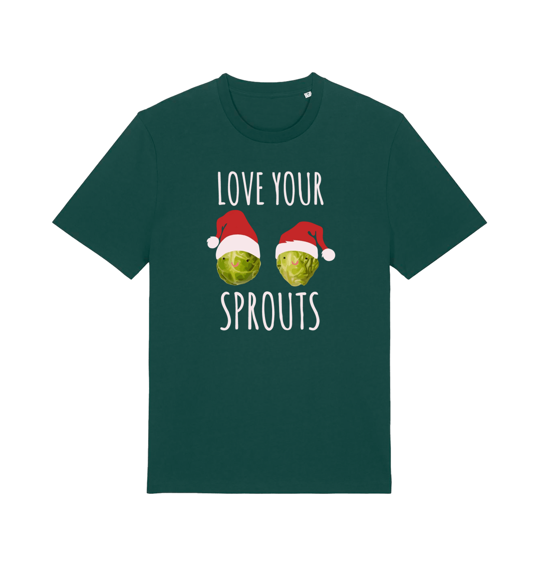 green christmas t-shirt with the graphic of two sprouts awearing santa hats and the slogan 'love your sprouts'