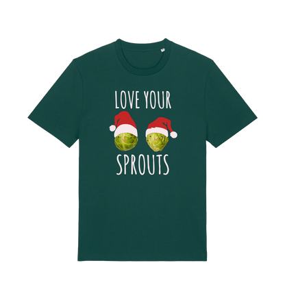 green christmas t-shirt with the graphic of two sprouts awearing santa hats and the slogan 'love your sprouts'