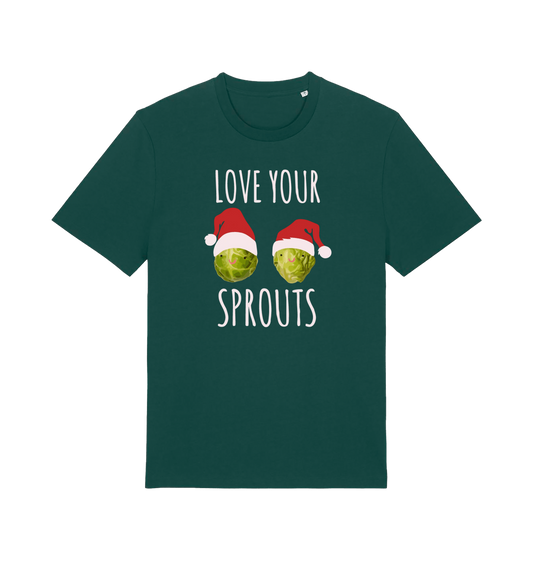 green christmas t-shirt with the graphic of two sprouts awearing santa hats and the slogan 'love your sprouts'