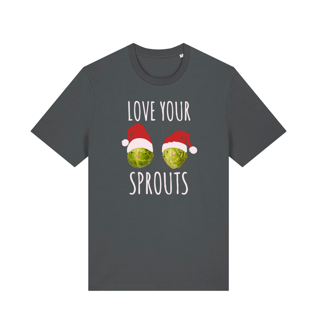 grey christmas t-shirt with the graphic of two sprouts awearing santa hats and the slogan 'love your sprouts'