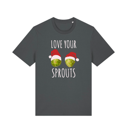 grey christmas t-shirt with the graphic of two sprouts awearing santa hats and the slogan 'love your sprouts'