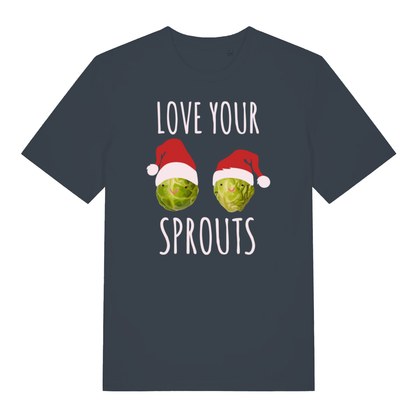 Ink grey Love Your Sprouts funny Christmas t-shirt showing witty festive design  