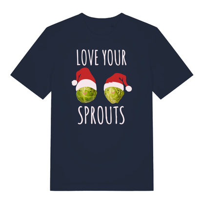 Navy Love Your Sprouts funny Christmas t-shirt featuring ultimate Xmas sprouts graphic  