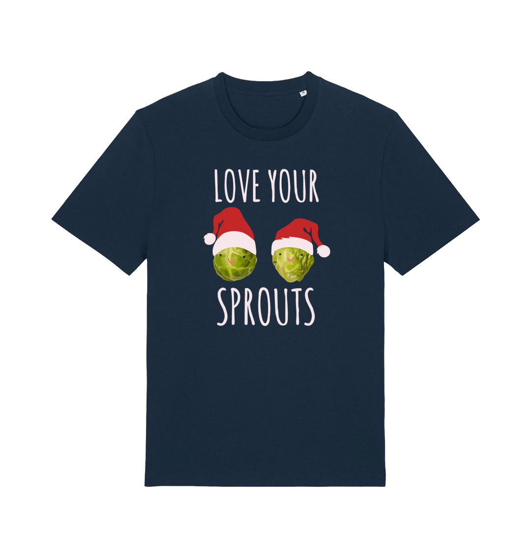 navy christmas t-shirt with the graphic of two sprouts awearing santa hats and the slogan 'love your sprouts'