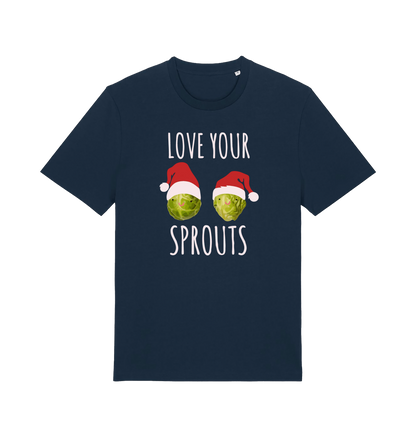 navy christmas t-shirt with the graphic of two sprouts awearing santa hats and the slogan 'love your sprouts'
