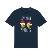 navy christmas t-shirt with the graphic of two sprouts awearing santa hats and the slogan 'love your sprouts'