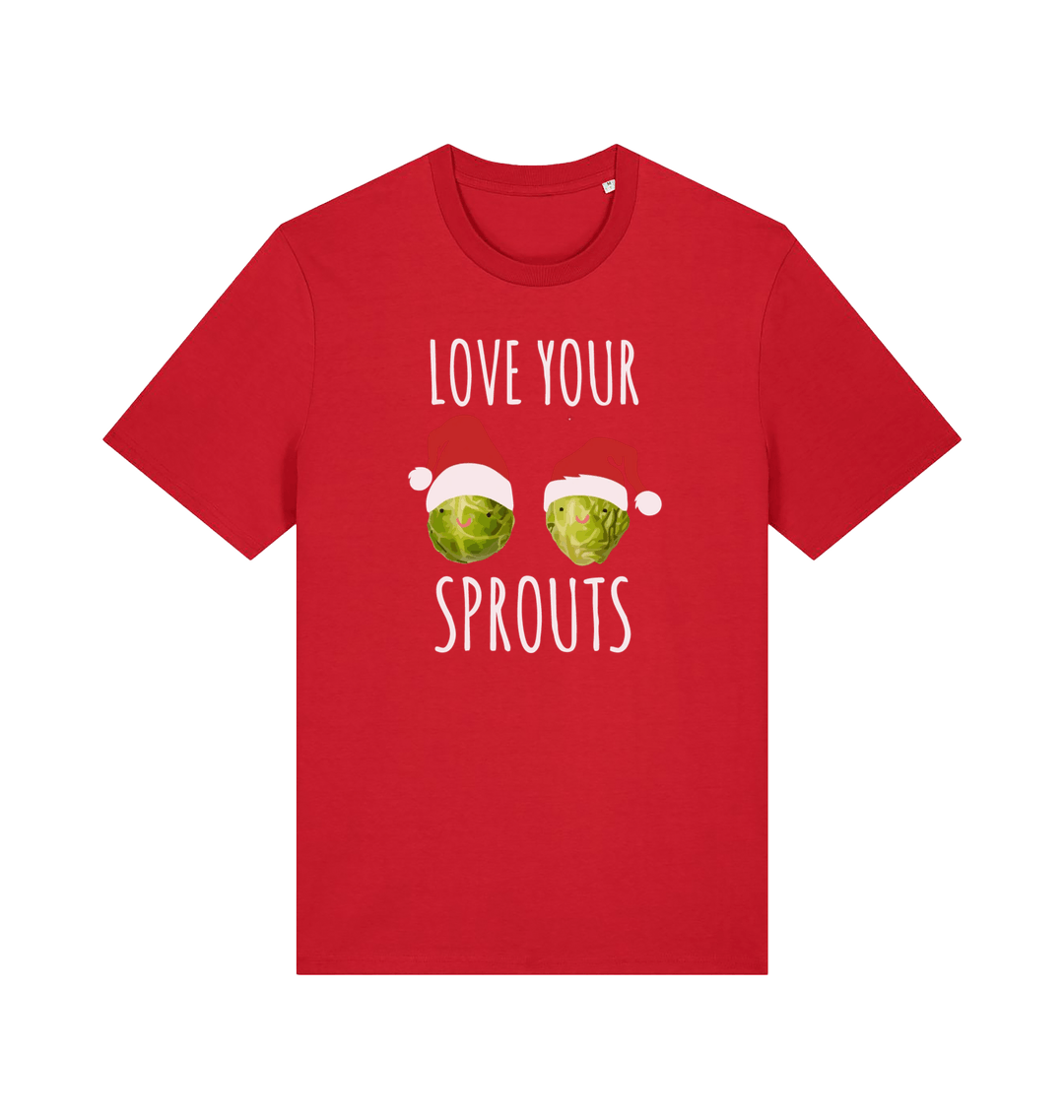 red christmas t-shirt with the graphic of two sprouts awearing santa hats and the slogan 'love your sprouts'