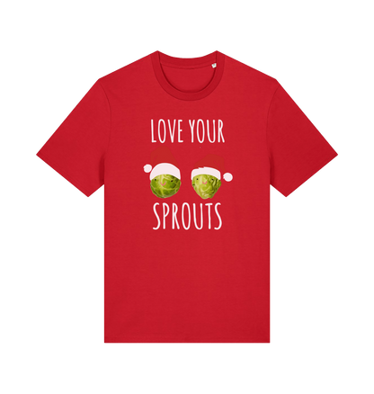 red christmas t-shirt with the graphic of two sprouts awearing santa hats and the slogan 'love your sprouts'