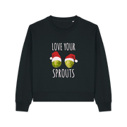 black xmas sweater with the graphic of two sprouts wearing santa hats and the slogan 'love your sprouts'