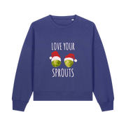 blue xmas sweater with the graphic of two sprouts wearing santa hats and the slogan 'love your sprouts'