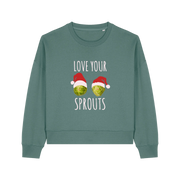 green xmas sweater with the graphic of two sprouts wearing santa hats and the slogan 'love your sprouts'