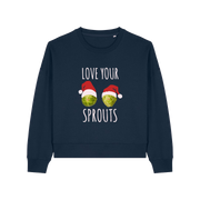 navy xmas sweater with the graphic of two sprouts wearing santa hats and the slogan 'love your sprouts'