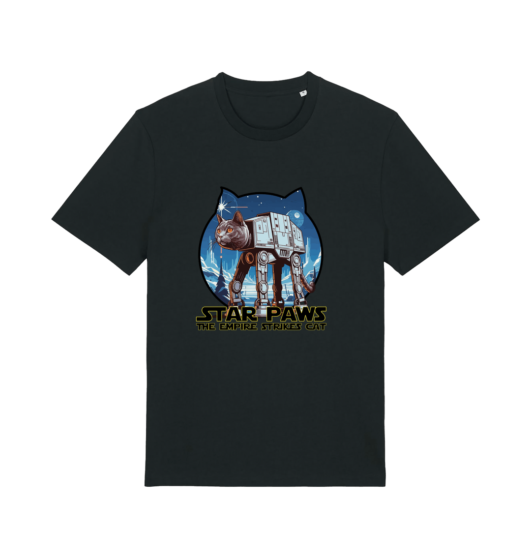 black movie t-shirt with the graphic of a cat dressed as an at-at and the slogan 'star paws the empire strikes cat'