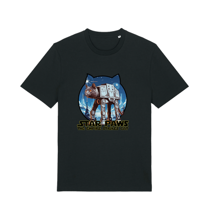 black movie t-shirt with the graphic of a cat dressed as an at-at and the slogan 'star paws the empire strikes cat'