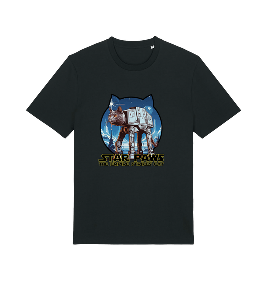 black movie t-shirt with the graphic of a cat dressed as an at-at and the slogan 'star paws the empire strikes cat'