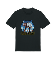black movie t-shirt with the graphic of a cat dressed as an at-at and the slogan 'star paws the empire strikes cat'