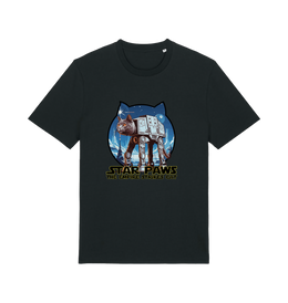 black movie t-shirt with the graphic of a cat dressed as an at-at and the slogan 'star paws the empire strikes cat'