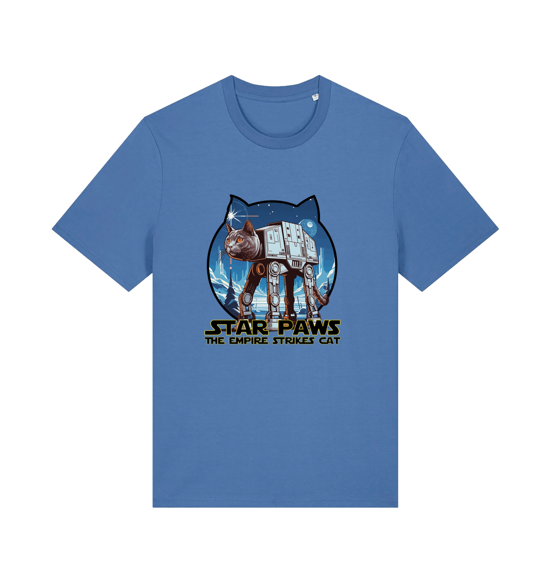 blue movie t-shirt with the graphic of a cat dressed as an at-at and the slogan 'star paws the empire strikes cat'