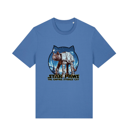 blue movie t-shirt with the graphic of a cat dressed as an at-at and the slogan 'star paws the empire strikes cat'