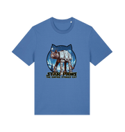 blue movie t-shirt with the graphic of a cat dressed as an at-at and the slogan 'star paws the empire strikes cat'