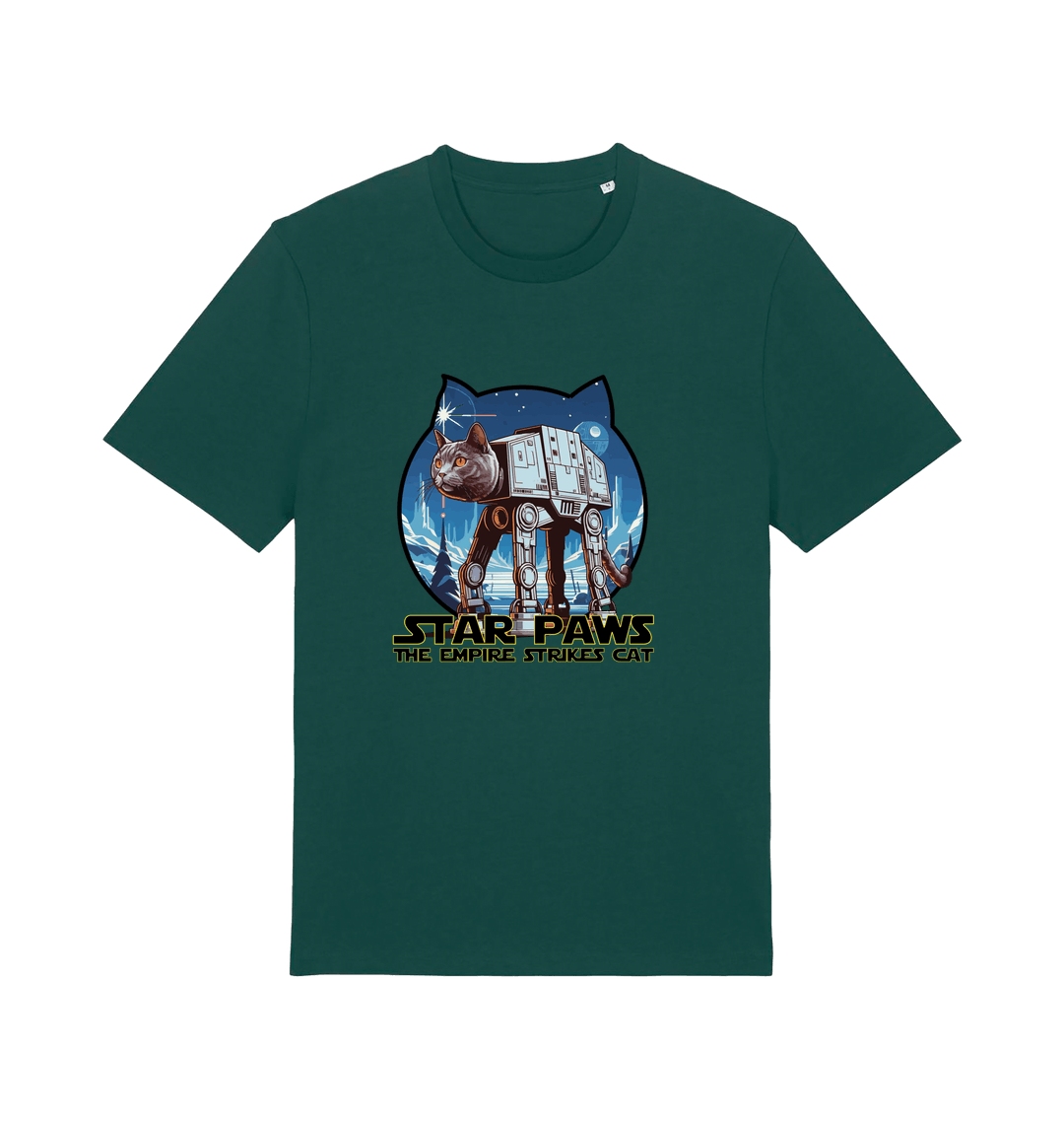 green movie t-shirt with the graphic of a cat dressed as an at-at and the slogan 'star paws the empire strikes cat'