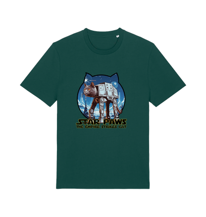 green movie t-shirt with the graphic of a cat dressed as an at-at and the slogan 'star paws the empire strikes cat'
