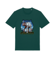 green movie t-shirt with the graphic of a cat dressed as an at-at and the slogan 'star paws the empire strikes cat'