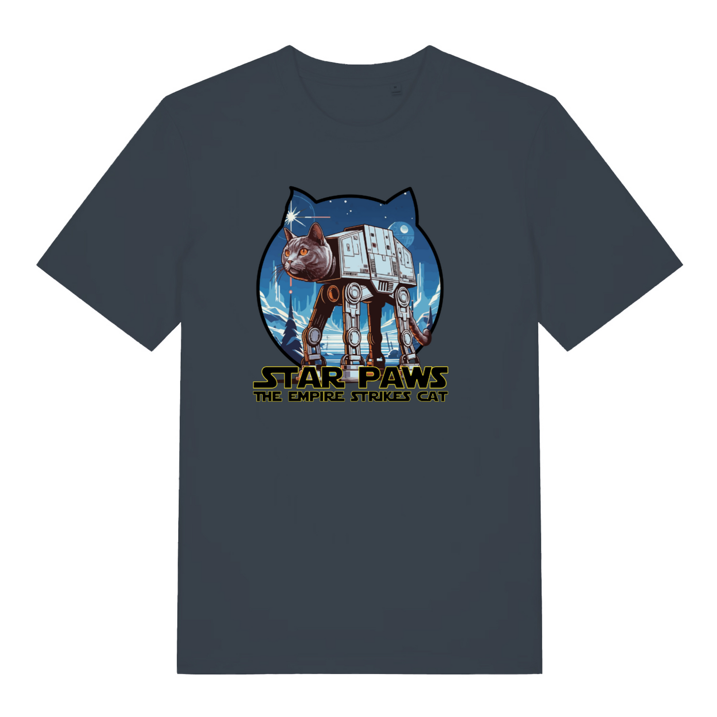ink grey movie t-shirt with the graphic of a cat dressed as an AT-AT and the slogan 'star paws the empire strikes cat'